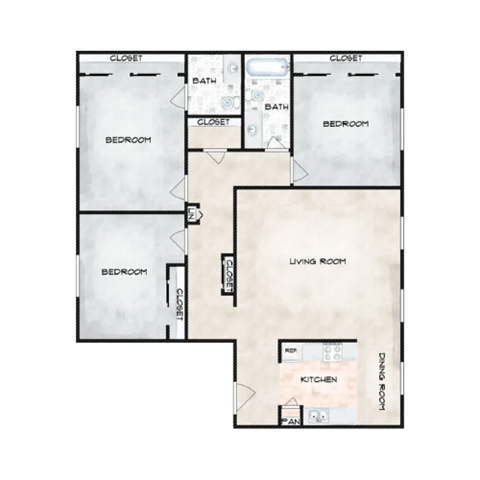 Floor plan for 3 beds, 1.5 baths, 1213 sqft